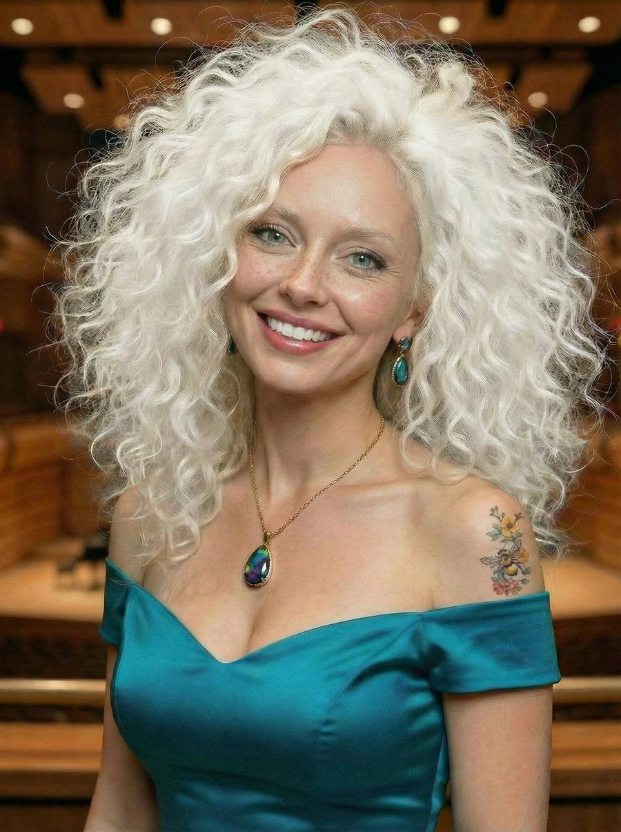 Sterling Linden, a smiling middle-aged woman with wild hair, wearing a formal off-the-shoulder dress with matching jewelry, standing in a symphony hall. A honeybee tattoo is on her left shoulder.