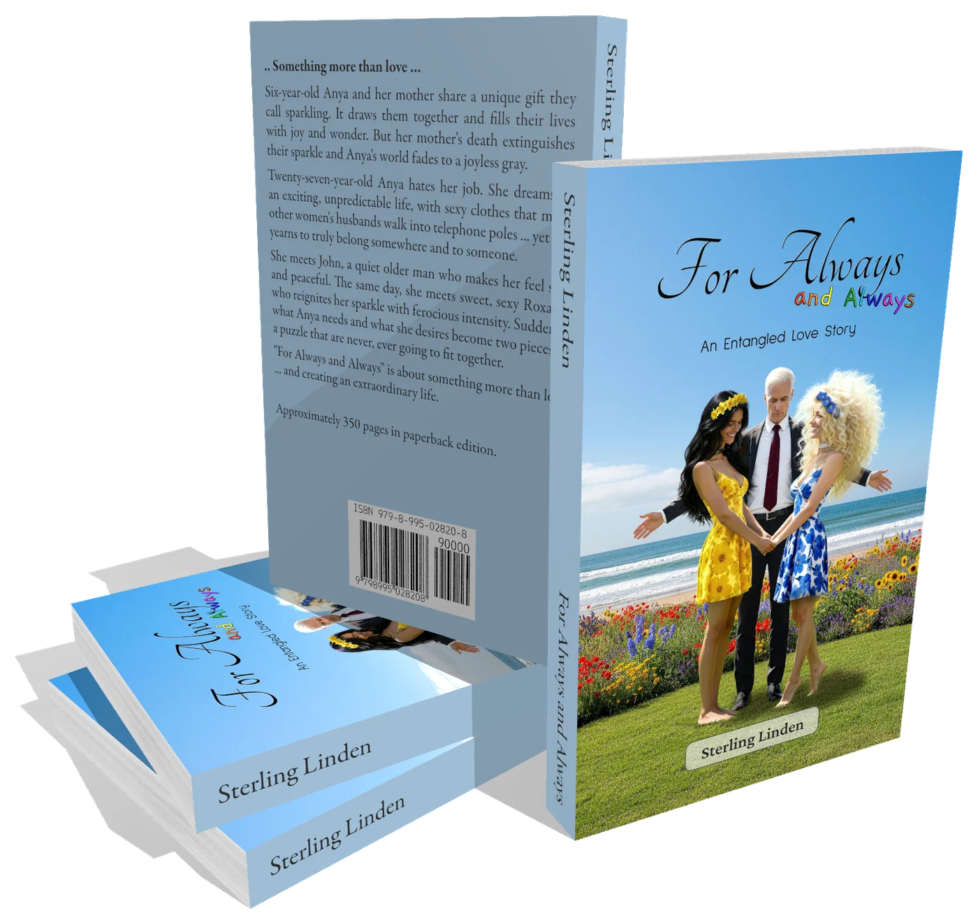 Paperback of For Always and Always: An Entangled Love Story by Sterling Linden, shown as a standing cover and a small stack.