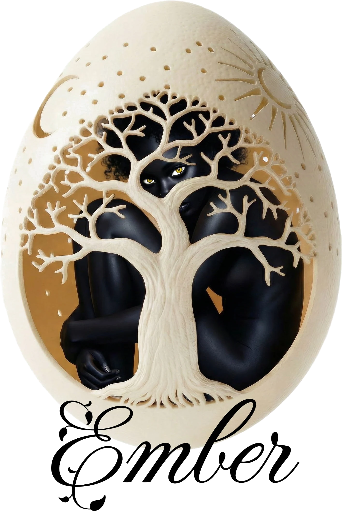 An ostrich egg carved with a baobab tree, sun, moon, and stars. A young woman with dark skin and amber eyes is curled inside, looking out from behind the branches. The word Ember is written beneath the shell.