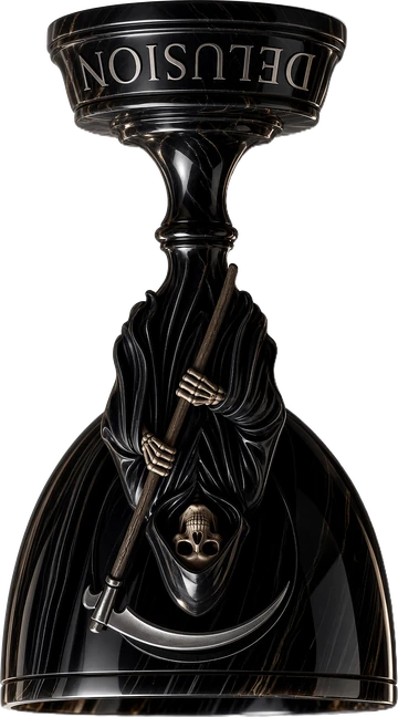 Delusion Press mark: an inverted black marble chalice with a grim reaper on the stem.